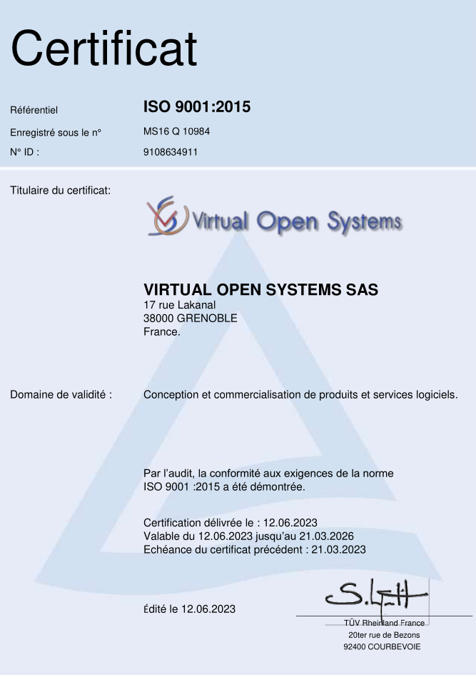 Virtual Open Systems Quality Management System - ISO 9001:2015 certification